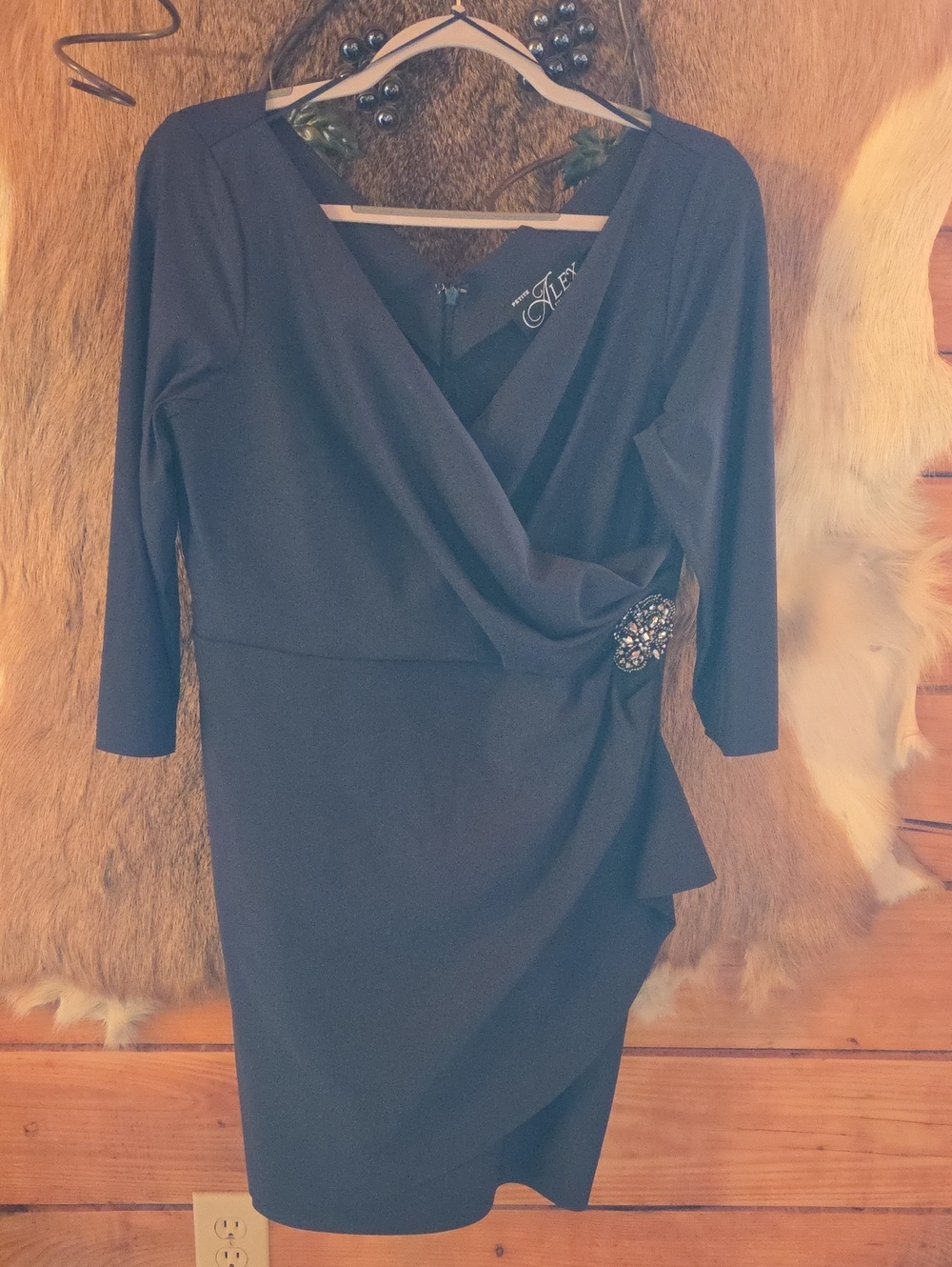 Alex Evenings Blue Wrap-Style Sheath Dress with Jeweled Brooch